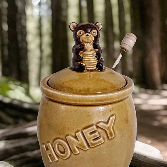 Vintage 60's-70's Ceramic Pottery Honey Crock Jelly Jam Jar Bear Lid Wood Server - Picture 1 of 7